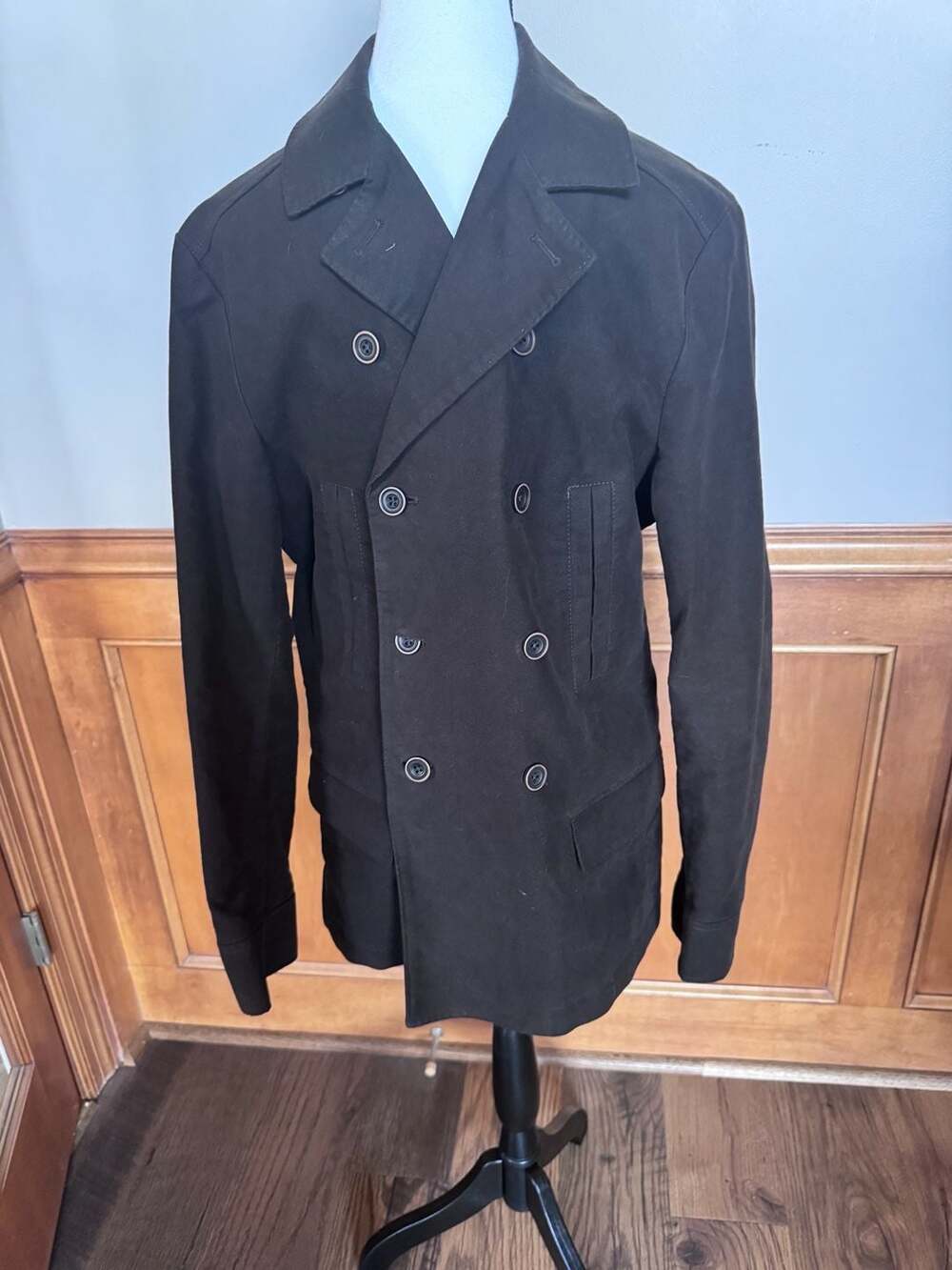 Trevero Vintage Luxury Black Double Breasted Cotton Peacoat Jacket Men's Medium